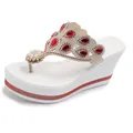 Elegantes sandalias blancas con cuña decoradas con pedrería roja y perlas detalle - 38 / Diamante Rojo - Suela Blanca