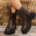 Detail of retro brown women's motorcycle boots with thick lug sole - 38 / Cross Strap Dark Brown
