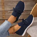 Stylish women's navy blue fly-woven mesh sneakers featuring an elegant bow lace-up design - 35 / Dark Blue
