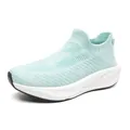 Breathable light blue fly-knit slip-on sneakers featuring a thick white cushioned sole - Aqua Blue