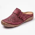 Macro shot of vintage red hollow-out mules featuring delicate 3D flower decoration - 35 / Red