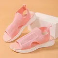 Rosa atmungsaktive Mesh-Strick-Plateausandalen für Damen mit Peeptoe-Design und Keilabsatz. - Hellrosa