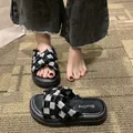 Black and white checkerboard crisscross platform slippers for women summer style - 35 / Black