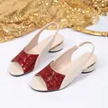 Elegant cream and red croc-embossed slingback sandals featuring a gold block heel - 36 / Red