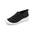 Black breathable fly-knit slip-on sneakers with white thick wedge sole for women - 35 / Black
