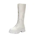 White platform knee-high lace-up boots featuring a side zipper and thick lug sole - Off White
