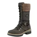 Women's winter high-top boots with knitted collar and buckle strap in dark brown. - Dark Green
