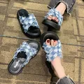 Stylish blue checkered denim crossover platform sandals with frayed edges for women - 35 / Blue