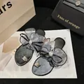 Grey fairy style women's flat sandals featuring mesh bow and pearl crystal accents - 35 / Black