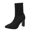 Chic black pointed-toe fly-knit sock boots with chunky high heels for women - 36 / Pointed Toe Chunky Heel Style (X01-22) / Black