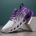 Mens purple and white gradient breathable knit running shoes with hollow shock absorbing sole - 36 / Purple
