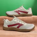 Lightweight breathable beige mesh barefoot shoes for men with wide toe and maroon accents - 39 / Beige