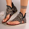 Fashionable leopard print flat clip-toe sandals with studs and back zipper for summer beach - 36 / Leopard Print