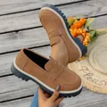 Close-up of brown suede loafers with chunky platform sole and white stitching - 36 / Dark Brown