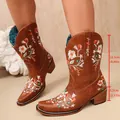 Women's brown western boots with floral embroidery and 5.5cm heel height details - 35 / Floral Embroidery Style / Tan