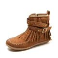 Side view detail of brown suede fringe ankle boots with golden rivets and buckles - 35 / Dark Brown
