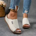 Stylish white peep-toe platform sandals featuring a simple, elegant faux leather design. - 36 / White
