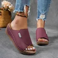 Detailed view of women's comfortable plum-colored platform slide sandals with tag - 36 / Purple