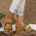 Stylish khaki peep-toe wedge sandals with studded straps and cork platform - Yellow