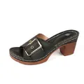 Elegant black high-heeled mule sandals with gold buckle and wooden block heel for women - 36 / Black