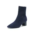 Botines de calcetín de punto mullido azul marino con punta fina y tacón grueso para mujer - 34 / Azul