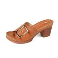 Brown high heel mule sandals with oversized metal buckle and white stitching detail - 36 / Yellow Brown