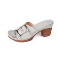 Elegant light grey women's high heel mule sandals featuring a decorative gold metal buckle - 36 / Beige