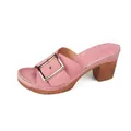 Elegant pink high heel mule sandals for women featuring a stylish decorative gold buckle - Pink