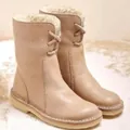 Comfortable beige mid-calf snow boots with warm faux fur lining and lace-up Martin style design - 35 / Off White