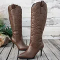 Elegant brown pointed toe stiletto heel knee-high boots with intricate embroidery details - 36 / Coffee