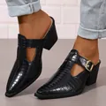 Mules noires élégantes à motif crocodile, bout pointu et talon bloc avec boucle décorative - US 5.5 / Noir