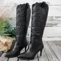 Elegant black high-heeled pointed-toe embroidered tall boots for women - 36 / Black