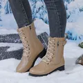 Detail view of stylish tan lace-up combat boots with side zipper and fur lining - 35 / Khaki