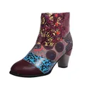 Detailed view of vintage patchwork ankle boot with jacquard patterns and red buttons - 35 / Purple