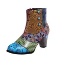 Detailed view of colorful handmade patchwork jacquard ankle boots with chunky heel - 35 / Yellow