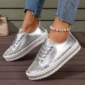 Trendy silver metallic platform sneakers for women with sparkle rhinestone details - 36 / Retro Running Style (128060) / Silver