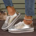 Stylish women's metallic gold platform sneakers with rhinestone accents and laces. - 36 / Retro Running Style (128060) / Gold