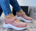 Close-up of pink casual mesh sneakers with velcro strap and white platform sole. - 35 / Pink