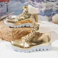 Goudkleurige metallic winterlaarzen met warme fleecevoering en witte plateauzolen - 38 / Goud