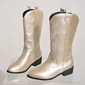 Metallic gold embroidered women's cowboy boots with pointed toe and square heel - 36 / Gold