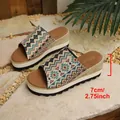 Detail view of ethnic pattern platform sandals with 7cm/2.75inch wedge heel height - 38 / Green