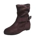 Bottines mi-mollet en daim marron pour femmes avec boucle décorative et design plissé - 35 / Café