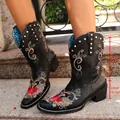 Detail of hand-embroidered Western cowboy boots showing 21cm shaft and 5.4cm heel height - 35 / Cloud and Heart Embroidered Style / Black