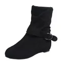 Vue de profil d'une bottine noire en daim pour femme avec une bride à boucle. - 35 / Noir