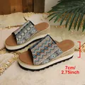 Bohemian ethnic patterned platform wedge sandals featuring a 7cm/2.75inch heel height - 38 / Blue