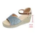 Vue détaillée montrant le talon compensé de 6,5 cm des sandales en denim bleu. - 38 / Gris Bleu