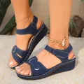 Vista dettagliata di sandali con zeppa blu navy con cuciture bianche e cinturini a strappo - Blu scuro