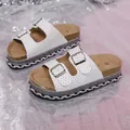 Sandales à plateforme blanches à double boucle avec strass et semelle en liège - 36 / Blanc