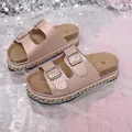 Rose gold double buckle platform sandals with snakeskin texture and colorful trim - Rose Gold