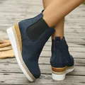 Close-up of navy blue suede wedge ankle boots with side elastic and platform sole - 36 / Dark Blue
